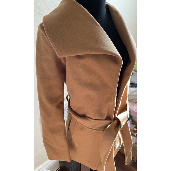 Tahari Womens Coat Tan Color Wrap Faux Wool Water-Resistant Pockets Tie Belt XS - Picture 1 of 6
